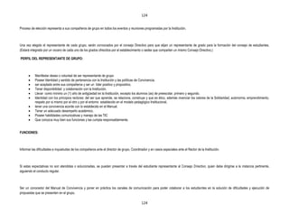 124


Proceso de elección representa a sus compañeros de grupo en todos los eventos y reuniones programadas por la Institución.



Una vez elegido el representante de cada grupo, serán convocados por el consejo Directivo para que elijan un representante de grado para la formación del consejo de estudiantes.
(Estará integrado por un vocero de cada uno de los grados ofrecidos por el establecimiento o sedes que comparten un mismo Consejo Directivo.)

PERFIL DEL REPRESENTANTE DE GRUPO:



           Manifestar deseo o voluntad de ser representante de grupo
           Poseer Identidad y sentido de pertenencia con la Institución y las políticas de Convivencia.
           ser aceptado entre sus compañeros y ser un líder positivo y propositivo.
           Tener disponibilidad y colaboración con la Institución.
           Llevar como mínimo un (1) año de antigüedad en la Institución, excepto los alumnos (as) de preescolar, primero y segundo.
           Identidad con los principios rectores: del ser que aprende, se relaciona, construye y que es ético, además vivenciar los valores de la Solidaridad, autonomía, emprendimiento,
           respeto por si mismo por el otro y por el entorno establecido en el modelo pedagógico Institucional.
           tener una convivencia acorde con lo establecido en el Manual.
           Tener un adecuado desempeño académico.
           Poseer habilidades comunicativas y manejo de las TIC
           Que conozca muy bien sus funciones y las cumpla responsablemente.


FUNCIONES:



Informar las dificultades e inquietudes de los compañeros ante el director de grupo, Coordinador y en casos especiales ante el Rector de la Institución.



Si estas expectativas no son atendidas o solucionadas, se pueden presentar a través del estudiante representante al Consejo Directivo, quien debe dirigirse a la instancia pertinente,
siguiendo el conducto regular.



Ser un conocedor del Manual de Convivencia y poner en práctica los canales de comunicación para poder colaborar a los estudiantes en la solución de dificultades y ejecución de
propuestas que se presenten en el grupo.

                                                                                            124
 