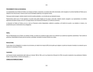 131


PROCEDIMIENTO PARA SU ESCOGENCIA:

Los representantes de los Padres de Familia a los Consejos de Padres, la Asociación y los demás entes arriba mencionados, serán escogidos en la primera Asamblea de Padres que se
realizará al inicio del año lectivo, durante el primer mes de actividades académicas, de la siguiente manera:

Cada grupo escolar escogerá, mediante votación de entre los padres postulados, a uno de ellos para que represente al grupo.

Posteriormente, dentro de los 15 días siguientes, se reunirán estos padres elegidos por los grupos y entre ellos, mediante votación, escogerán a sus representantes a los distintos
estamentos del Gobierno Escolar como son: el Consejo Directivo, las Comisiones de Evaluación y el Comité de Convivencia.

La Asociación de Padres de Familia, por ser un ente con Personería Jurídica Independiente, celebrará su asamblea y allí decidirá de acuerdo a sus estatutos, la manera y los
procedimientos para el nombramiento de sus delegatarios.




PERFIL:

Para ser Representante de los Padres a los distintos Comités, se requiere ser acudiente de algún alumno de la Institución que presente las siguientes características: Tener sentido de
pertenencia, disponibilidad de tiempo para las reuniones y actividades, acompañar el proceso formativo de su hijo(a).



REVOCATORIA:

Cuando alguno de los delegatarios no cumpla con sus funciones, por votación de la mayoría (60%) de los padre que lo eligieron, le podrá ser revocado el mandato en una elección que se
celebrara en la Asamblea de Padres.



FUNCIONES:

Las funciones de estos representantes están dadas por el decreto 1860 de 1994 y por la Ley General de la Educación de 1994, de acuerdo al estamento al que pertenezcan (Gobierno
Escolar, Consejo Directivo, Comisión de Evaluación,…)

CONSEJO DE PADRES DE FAMILIA




                                                                                         131
 