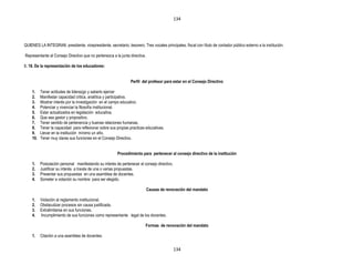 134




QUIENES LA INTEGRAN: presidente, vicepresidente, secretario, tesorero, Tres vocales principales, fiscal con título de contador público externo a la institución.

Representante al Consejo Directivo que no pertenezca a la junta directiva.

6. 18. De la representación de los educadores:


                                                                 Perfil del profesor para estar en el Consejo Directivo

    1.    Tener actitudes de liderazgo y saberlo ejercer
    2.    Manifestar capacidad critica, analítica y participativa.
    3.    Mostrar interés por la investigación en el campo educativo.
    4.    Potenciar y vivenciar la filosofía institucional.
    5.    Estar actualizados en legislación educativa.
    6.    Que sea gestor y propositivo.
    7.    Tener sentido de pertenencia y buenas relaciones humanas.
    8.    Tener la capacidad para reflexionar sobre sus propias practicas educativas.
    9.    Llevar en la institución mínimo un año.
    10.   Tener muy claras sus funciones en el Consejo Directivo.


                                                         Procedimiento para pertenecer al consejo directivo de la institución

    1.    Postulación personal manifestando su interés de pertenecer al consejo directivo.
    2.    Justificar su interés a través de una o varias propuestas.
    3.    Presentar sus propuestas en una asamblea de docentes.
    4.    Someter a votación su nombre para ser elegido.

                                                                             Causas de renovación del mandato

    1.    Violación al reglamento institucional.
    2.    Obstaculizar procesos sin causa justificada.
    3.    Extralimitarse en sus funciones.
    4.    Incumplimiento de sus funciones como representante legal de los docentes.

                                                                          Formas de renovación del mandato

    1.    Citación a una asamblea de docentes.


                                                                                             134
 