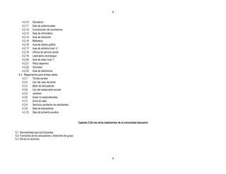 4


      4.2.10 Secretaría
      4.2.11 Sala de audiovisuales
      4.2.12 Coordinación de convivencia
      4.2.13 Sala de informática
      4.2.14 Aula de transición
      4.2.15 Biblioteca
      4.2.16 Aula de diseño gráfico
      4.2.17 Aula de artística nivel -3
      4.2.18 Oficina de servicio social
      4.2.19 Laboratorio de biología
      4.2.20 Aula de artes nivel -1
      4.2.21 Placa deportiva
      4.2.22 Gimnasio
      4.2.23 Aula de electrónica
   4.3 Reglamentos para ambas sedes
      4.3.1  Tienda escolar
      4.3.2  Uso del vaso de leche
      4.3.3  Baño de educadores
      4.3.4  Uso del restaurante escolar
      4.3.5  Jardines
      4.3.6  Aulas no especializadas
      4.3.7  Zona de aseo
      4.3.8  Servicios sanitarios de estudiantes
      4.3.9  Sala de educadores
      4.3.10 Sala de primeros auxilios


                                                         Capítulo 5.De los otros estamentos de la comunidad educativa


5.1 Normatividad para los Docentes
5.2 Funciones de los educadores y directores de grupo.
5.3 De los ex alumnos.




                                                                                      4
 