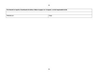 46


Sí el docente no reporta a Coordinación de daños o fallas en equipo o en el espacio, se hará responsable de ello.



Realizado por :                                                               Cargo:




                                                                             46
 