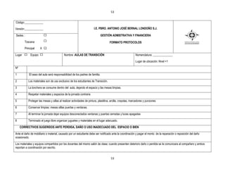 53


Código:_____________

Versión:_____________                                                 I.E. PBRO. ANTONIO JOSÉ BERNAL LONDOÑO S.J.

Sedes :                                                                       GESTIÒN ADMISTRATIVA Y FINANCIERA

        Toscana                                                                      FORMATO PROTOCOLOS
        Principal     X X

Lugar        Equipo                        Nombre :AULAS DE TRANSICIÓN                                      Nomenclatura: ______________

                                                                                                            Lugar de ubicación: Nivel +1

Nº

1           El aseo del aula será responsabilidad de los padres de familia.

2          Los materiales son de uso exclusivo de los estudiantes de Transición.

3          La lonchera se consume dentro del aula, dejando el espacio y las mesas limpias.

4          Respetar materiales y espacios de la jornada contraria

5          Proteger las mesas y sillas al realizar actividades de pintura, plastilina, arcilla, crayolas, marcadores y punzones

6          Conservar limpias: mesas sillas puertas y ventanas.

7          Al terminar la jornada dejar equipos desconectados ventanas y puertas cerradas y luces apagadas

8          Terminado el juego libre organizar juguetes y materiales en el lugar adecuado.

     CORRECTIVOS SUGERIDOS ANTE PERDIDA, DAÑO O USO INADECUADO DEL ESPACIO O BIEN

Ante el daño de mobiliario o material, causado por un estudiante debe ser notificado ante la coordinación y pagar el monto de la reparación o reposición del daño
ocasionado.

Los materiales y equipos compartidos por los docentes del mismo salón de clase; cuando presenten deterioro daño o perdida se le comunicara al compañero y ambos
reportan a coordinación por escrito.


                                                                                      53
 