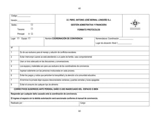 60


Código:_____________

Versión:_____________                                                I.E. PBRO. ANTONIO JOSÉ BERNAL LONDOÑO S.J.

Sedes :                                                                    GESTIÒN ADMISTRATIVA Y FINANCIERA

        Toscana                                                                     FORMATO PROTOCOLOS
        Principal     X X

Lugar        Equipo                       Nombre COORDINACIÓN DE CONVIVENCIA                              Nomenclatura: Coordinación ______________

                                                                                                          Lugar de ubicación: Nivel 1______________

Nº

1          Es de uso exclusivo para el manejo y solución de conflictos escolares.

2          Evitar interrumpir cuando se está atendiendo a un padre de familia caso comportamental

3          Usar un tono adecuado en las discusiones y conversaciones.

4          Los equipos y materiales son para uso exclusivo de los coordinadores de convivencia.

5          Ingresar solamente con las personas involucradas en cada proceso.

6          Evitar los juegos y ruidos que perturben la tranquilidad y la atención a la comunidad educativa.

7          Al terminar la jornada dejar equipos desconectados ventanas y puertas cerradas y luces apagadas

8          Evitar el consumo de cualquier tipo de alimento

     CORRECTIVOS SUGERIDOS ANTE PERDIDA, DAÑO O USO INADECUADO DEL ESPACIO O BIEN

Responder por cualquier daño causado ante la coordinación de convivencia.

El ingreso al espacio sin la debida autorización será sancionada conforme al manual de convivencia.

Realizado por :                                                                        Cargo:


                                                                                    60
 