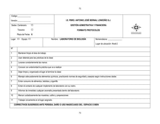 71


Código:_____________

Versión:_____________                                               I.E. PBRO. ANTONIO JOSÉ BERNAL LONDOÑO S.J.

Sedes :Centenario                                                         GESTIÒN ADMISTRATIVA Y FINANCIERA

        Toscana                                                                     FORMATO PROTOCOLOS
        Plaza de Ferias X

Lugar        Equipo                                Nombre : LABORATORIO DE BIOLOGÍA               Nomenclatura: ______________

                                                                                                  Lugar de ubicación: Nivel-2

Nº

1        Mantener limpio el área de trabajo

2        Usar delantal para las prácticas de la clase

3        Lavarse constantemente las manos

4        Conocer con anterioridad la práctica que va a realizar

5        Dejar limpio y organizado el lugar al terminar la clase

6        Manejar adecuadamente los elementos químicos, practicando normas de seguridad y asepsia según instrucciones dadas

7        Evitar consumo de alimentos, bebidas y cigarrillo

8        Evitar el contacto de cualquier implemento de laboratorio con su rostro.

9        Informar de inmediato cualquier anomalía presentada dentro del laboratorio

10       Marcar cuidadosamente las muestras, cultivo y preparaciones

11       Trabajar únicamente en el lugar asignado.

     CORRECTIVOS SUGERIDOS ANTE PERDIDA, DAÑO O USO INADECUADO DEL ESPACIO O BIEN


                                                                                     71
 