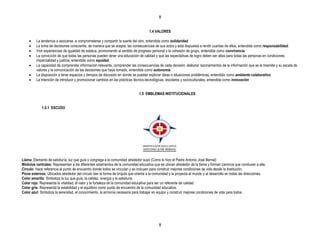 8


                                                                                    1.4 VALORES

         La tendencia a asociarse, a comprometerse y compartir la suerte del otro, entendida como solidaridad.
         La toma de decisiones consciente, de manera que se acepta, las consecuencias de sus actos y está dispuesta a rendir cuantas de ellos, entendida como responsabilidad.
         Vivir experiencias de igualdad de estatus, promoviendo el sentido de progreso personal y la cohesión de grupo, entendida como convivencia.
         La convicción de que todas las personas pueden tener una educación de calidad y que las expectativas de logro deben ser altas para todas las personas en condiciones
         imparcialidad y justicia, entendida como equidad.
         La capacidad de comprender información relevante, comprender las consecuencias de cada decisión, elaborar razonamientos de la información que se le trasmite y su escala de
         valores y la comunicación de las decisiones que haya tomado, entendida como autonomía.
         La disposición a tener espacios y tiempos de discusión en donde se puedan explorar ideas o situaciones problémicas, entendido como ambiente colaborativo.
         La intención de introducir y promocionar cambios en las prácticas técnico-tecnológicas, escolares y socioculturales, entendida como innovación


                                                                             1.5 EMBLEMAS INSTITUCIONALES


             1.5.1 ESCUDO




Llama: Elemento de sabiduría, luz que guía y congrega a la comunidad alrededor suyo (Como lo hizo el Padre Antonio José Bernal)
Módulos centrales: Representan a los diferentes estamentos de la comunidad educativa que se ubican alrededor de la llama y forman caminos que conducen a ella.
Círculo: Hace referencia al punto de encuentro donde todos se vinculan y se incluyen para construir mejores condiciones de vida desde la Institución.
Picos externos: Ubicados alrededor del círculo dan la forma de brújula que orienta a la comunidad y la proyecta al mundo y al desarrollo en todas las direcciones.
Color amarillo: Simboliza la luz que guía, la calidez, energía y la sabiduría
Color rojo: Representa la vitalidad, el valor y la fortaleza de la comunidad educativa para ser un referente de calidad
Color gris: Representa la estabilidad y el equilibrio como punto de encuentro de la comunidad educativa.
Color azul: Simboliza la serenidad, el conocimiento, la armonía necesaria para trabajar en equipo y construir mejores condiciones de vida para todos.




                                                                                           8
 