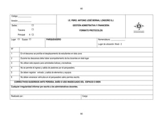 80


Código:_____________

Versión:_____________                                                 I.E. PBRO. ANTONIO JOSÉ BERNAL LONDOÑO S.J.

Sedes :                                                                       GESTIÒN ADMISTRATIVA Y FINANCIERA

        Toscana                                                                     FORMATO PROTOCOLOS
        Principal     X X

Lugar        Equipo                        PARQUEADERO                                              Nomenclatura: ______________

                                                                                                    Lugar de ubicación: Nivel - 3

Nº

1          En el descanso se prohíbe el desplazamiento de estudiantes en ésta zona

2          Durante los descansos debe haber acompañamiento de los docentes en éste lugar

3          No utilizar este espacio para actividades lúdicas y recreativas.

4          No se permite el ingreso y salida de peatones por el parqueadero.

5          Se deben registrar entrada y salida de elementos y equipos

6          No deben amanecer vehículos en el parqueadero salvo permiso escrito.

     CORRECTIVOS SUGERIDOS ANTE PERDIDA, DAÑO O USO INADECUADO DEL ESPACIO O BIEN

Cualquier irregularidad informar por escrito a los administrativos docentes.



Realizado por :                                                                       Cargo:




                                                                                    80
 