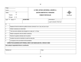 84


Código:_____________

Versión:_____________                                               I.E. PBRO. ANTONIO JOSÉ BERNAL LONDOÑO S.J.

Sedes :                                                                  GESTIÒN ADMISTRATIVA Y FINANCIERA

        Toscana                                                                   FORMATO PROTOCOLOS
        Principal     X X

Lugar        Equipo                       SECRETARÍA                                                      Nomenclatura: ______________

                                                                                                          Lugar de ubicación: Nivel mas 1

Nº

1          Respetar el horario de atención al público de lunes a viernes de 7 am / 1pm y de 2 pm a 4 pm

2          Solicitar constancias con anterioridad

3          Todo documento solicitado será entregado en un plazo de 1 a 10 días.

4          Realizar consignación antes de solicitar constancias.

5          Reclamar la papelería solicitada solo el acudiente..

6          Actualizar documento de identidad al cumplir los siete años

7          Los equipos son de uso exclusivo de las secretarias.

     CORRECTIVOS SUGERIDOS ANTE PERDIDA, DAÑO O USO INADECUADO DEL ESPACIO O BIEN

Ante cualquier irregularidad informar a coordinación



Realizado por :                                                                     Cargo:




                                                                                  84
 