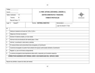 97


Código:_____________

Versión:_____________                                                  I.E. PBRO. ANTONIO JOSÉ BERNAL LONDOÑO S.J.

Sedes :Centenario                                                          GESTIÒN ADMISTRATIVA Y FINANCIERA

        Toscana          X                                                        FORMATO PROTOCOLOS
       Plaza de Ferias

Lugar X       Equipo                                    Nombre : MATERIAL DIDÁCTICO                  Nomenclatura: ______________

                                                                                                     Lugar de ubicación 2º piso

Nº

1      Solicitar el material en el horario de 12:00 a 12:45 m

2      Diligenciar el formato de préstamo

3      Devolver el material completo y en buen estado

4      Informar el día de la devolución del material (plazo: 2 días)

5      Informar a coordinación, sobre daños o pérdidas

6      El manejo de llaves será exclusividad de las encargadas y/o Coordinación

7      Cuando las encargadas no puedan hacer préstamo de equipos audiovisuales solicitarlo a Coordinación

8      Registrar su uso en el formato correspondiente.

9      La persona encargada de esta dependencia debe recibir y responder por el inventario respectivo.

     CORRECTIVOS SUGERIDOS ANTE PERDIDA, DAÑO O USO INADECUADO DEL ESPACIO O BIEN



Reponer las pérdidas o reparar los daños del material


                                                                                   97
 
