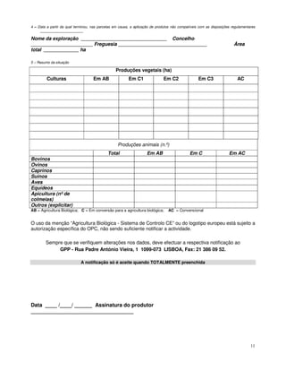 11
4 – Data a partir da qual terminou, nas parcelas em causa, a aplicação de produtos não compatíveis com as disposições regulamentares
______________________
Nome da exploração ________________________________ Concelho
_______________________ Freguesia _________________________________ Área
total _____________ ha
5 – Resumo da situação
Produções vegetais (ha)
Culturas Em AB Em C1 Em C2 Em C3 AC
Produções animais (n.º)
Total Em AB Em C Em AC
Bovinos
Ovinos
Caprinos
Suínos
Aves
Equídeos
Apicultura (nº de
colmeias)
Outros (explicitar)
AB = Agricultura Biológica; C = Em conversão para a agricultura biológica; AC = Convencional
O uso da menção “Agricultura Biológica - Sistema de Controlo CE” ou do logotipo europeu está sujeito a
autorização específica do OPC, não sendo suficiente notificar a actividade.
Sempre que se verifiquem alterações nos dados, deve efectuar a respectiva notificação ao
GPP - Rua Padre António Vieira, 1 1099-073 LISBOA, Fax: 21 386 09 52.
A notificação só é aceite quando TOTALMENTE preenchida
Data ____ /____/ ______ Assinatura do produtor
___________________________________
 