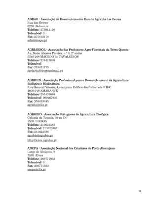 34
ADRAB
ADRAB
ADRAB
ADRAB -
-
-
- Associação de Desenvolvim
Associação de Desenvolvim
Associação de Desenvolvim
Associação de Desenvolvimento Rural e Agrícola das Beiras
ento Rural e Agrícola das Beiras
ento Rural e Agrícola das Beiras
ento Rural e Agrícola das Beiras
Rua das Beiras
6250 Belmonte
Telefone:
Telefone:
Telefone:
Telefone: 275912170
Telemóvel:
Telemóvel:
Telemóvel:
Telemóvel: 0
Fax:
Fax:
Fax:
Fax: 275912170
adrab@sapo.pt
AGRIARBOL
AGRIARBOL
AGRIARBOL
AGRIARBOL -
-
-
- Associação dos Produtores Agro
Associação dos Produtores Agro
Associação dos Produtores Agro
Associação dos Produtores Agro-
-
-
-Florestais da
Florestais da
Florestais da
Florestais da Terra Quente
Terra Quente
Terra Quente
Terra Quente
Av. Nuno Álvares Pereira, n.º 3, 2º andar
5340 208 MACEDO de CAVALEIROS
Telefone:
Telefone:
Telefone:
Telefone: 278421698
Telemóvel:
Telemóvel:
Telemóvel:
Telemóvel:
Fax:
Fax:
Fax:
Fax: 278421775
agriarbol@portugalmail.pt
AGRIDIN
AGRIDIN
AGRIDIN
AGRIDIN -
-
-
- Ass
Ass
Ass
Associação Profissional para o Desenvolvimento da Agricultura
ociação Profissional para o Desenvolvimento da Agricultura
ociação Profissional para o Desenvolvimento da Agricultura
ociação Profissional para o Desenvolvimento da Agricultura
Biológica e Biodinâmica
Biológica e Biodinâmica
Biológica e Biodinâmica
Biológica e Biodinâmica
Rua General Vitorino Laranjeiro, Edíficio Golfinho Lote F R/C
4600 018 AMARANTE
Telefone:
Telefone:
Telefone:
Telefone: 255433640
Telemóvel:
Telemóvel:
Telemóvel:
Telemóvel: 969267936
Fax:
Fax:
Fax:
Fax: 255433645
agridin@clix.pt
AGROBIO
AGROBIO
AGROBIO
AGROBIO -
-
-
- Associação Portuguesa de Agricultura Biológica
Associação Portuguesa de Agricultura Biológica
Associação Portuguesa de Agricultura Biológica
Associação Portuguesa de Agricultura Biológica
Calçada da Tapada, 39 r/c Dtº
1300 LISBOA
Telefone:
Telefone:
Telefone:
Telefone: 213623585
Telemóvel:
Telemóvel:
Telemóvel:
Telemóvel: 213623585
Fax:
Fax:
Fax:
Fax: 213623586
agrobio@agrobio.pt
http://www.agrobio.pt
ANCPA
ANCPA
ANCPA
ANCPA -
-
-
- Associação Nacional dos Criadores de Porco Alentejano
Associação Nacional dos Criadores de Porco Alentejano
Associação Nacional dos Criadores de Porco Alentejano
Associação Nacional dos Criadores de Porco Alentejano
Largo de Alcáçova, 9
7350 Elvas
Telefone:
Telefone:
Telefone:
Telefone: 266771932
Telemóvel:
Telemóvel:
Telemóvel:
Telemóvel: 0
Fax:
Fax:
Fax:
Fax: 266771933
ancpa@clix.pt
 