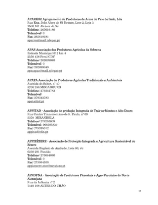 35
APARROZ Agrupamento de Produtores de Arroz do Vale do Sado, Lda
APARROZ Agrupamento de Produtores de Arroz do Vale do Sado, Lda
APARROZ Agrupamento de Produtores de Arroz do Vale do Sado, Lda
APARROZ Agrupamento de Produtores de Arroz do Vale do Sado, Lda
Rua Eng. João Alves de Sá Branco, Lote 2, Loja 3
7580 161 Alcácer do Sal
Telefone:
Telefone:
Telefone:
Telefone: 265619180
Telemóvel:
Telemóvel:
Telemóvel:
Telemóvel: 0
Fax:
Fax:
Fax:
Fax: 265619181
aparroz@mail.telepac.pt
APAS Associação dos Produtores Agrícolas da Sobrena
APAS Associação dos Produtores Agrícolas da Sobrena
APAS Associação dos Produtores Agrícolas da Sobrena
APAS Associação dos Produtores Agrícolas da Sobrena
Estrada Municipal 612 km 4
2550 458 Peral CDV
Telefone:
Telefone:
Telefone:
Telefone: 262699040
Telemóvel:
Telemóvel:
Telemóvel:
Telemóvel: 0
Fax:
Fax:
Fax:
Fax: 262699049
apasapas@mail.telepac.pt
APATA Associação de Produtores Agrícolas Tradicionais e Ambientais
APATA Associação de Produtores Agrícolas Tradicionais e Ambientais
APATA Associação de Produtores Agrícolas Tradicionais e Ambientais
APATA Associação de Produtores Agrícolas Tradicionais e Ambientais
Avenida do Sabor, nº 40
5200 288 MOGADOURO
Telefone:
Telefone:
Telefone:
Telefone: 279342783
Telemóvel:
Telemóvel:
Telemóvel:
Telemóvel:
Fax:
Fax:
Fax:
Fax: 279342783
apata@iol.pt
APPITAD
APPITAD
APPITAD
APPITAD -
-
-
- Associação de produção Integrada de Trás
Associação de produção Integrada de Trás
Associação de produção Integrada de Trás
Associação de produção Integrada de Trás-
-
-
-os
os
os
os-
-
-
-Montes e Alto Douro
Montes e Alto Douro
Montes e Alto Douro
Montes e Alto Douro
Rua Centro Transmontano de S. Paulo, nº 69
5370 MIRANDELA
Telefone:
Telefone:
Telefone:
Telefone: 278265009
Tel
Tel
Tel
Telemóvel:
emóvel:
emóvel:
emóvel: 968585839
Fax:
Fax:
Fax:
Fax: 278265012
appitad@clix.pt
APPIZÊZERE
APPIZÊZERE
APPIZÊZERE
APPIZÊZERE -
-
-
- Associação de Protecção Integrada e Agricultura Sustentável do
Associação de Protecção Integrada e Agricultura Sustentável do
Associação de Protecção Integrada e Agricultura Sustentável do
Associação de Protecção Integrada e Agricultura Sustentável do
Zêzere
Zêzere
Zêzere
Zêzere
Avenida Eugénio de Andrade, Lote 80, r/c
6230 291 Fundão
Telefone:
Telefone:
Telefone:
Telefone: 275084080
Telemóvel:
Telemóvel:
Telemóvel:
Telemóvel: 0
Fax:
Fax:
Fax:
Fax: 275084100
appizezere.zeze@netvisao.pt
APROFNA
APROFNA
APROFNA
APROFNA -
-
-
- Associação de Produtores Florestais e Agro
Associação de Produtores Florestais e Agro
Associação de Produtores Florestais e Agro
Associação de Produtores Florestais e Agro-
-
-
-Pecuários do Norte
Pecuários do Norte
Pecuários do Norte
Pecuários do Norte
Alentejano
Alentejano
Alentejano
Alentejano
Rua da Infância nº 2
7440 108 ALTER DO CHÃO
 