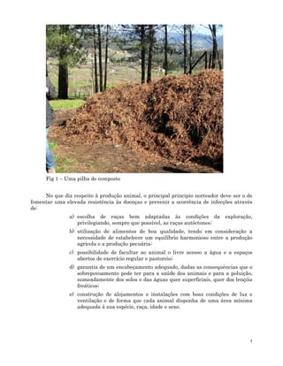 5
Fig 1 – Uma pilha de composto
No que diz respeito à produção animal, o principal principio norteador deve ser o de
fomentar uma elevada resistência às doenças e prevenir a ocorrência de infecções através
de:
a) escolha de raças bem adaptadas às condições da exploração,
privilegiando, sempre que possível, as raças autóctones;
b) utilização de alimentos de boa qualidade, tendo em consideração a
necessidade de estabelecer um equilíbrio harmonioso entre a produção
agrícola e a produção pecuária;
c) possibilidade de facultar ao animal o livre acesso a água e a espaços
abertos de exercício regular e pastoreio;
d) garantia de um encabeçamento adequado, dadas as consequências que o
sobrepovoamento pode ter para a saúde dos animais e para a poluição,
nomeadamente dos solos e das águas quer superficiais, quer dos lençóis
freáticos;
e) construção de alojamentos e instalações com boas condições de luz e
ventilação e de forma que cada animal disponha de uma área mínima
adequada à sua espécie, raça, idade e sexo.
 