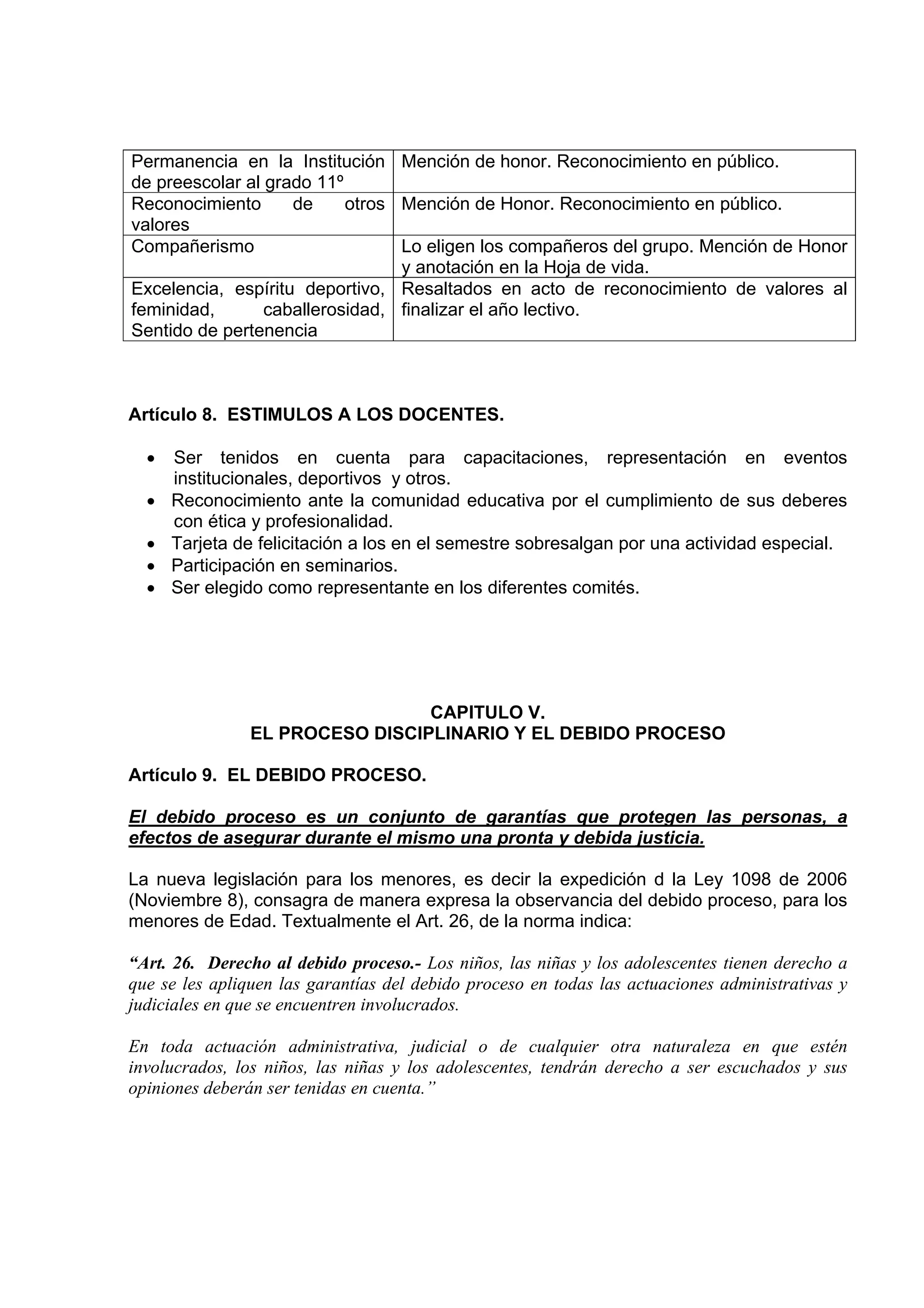 Permanencia en la Institución Mención de honor. Reconocimiento en público.
de preescolar al grado 11º
Reconocimiento      de     otros Mención de Honor. Reconocimiento en público.
valores
Compañerismo                     Lo eligen los compañeros del grupo. Mención de Honor
                                 y anotación en la Hoja de vida.
Excelencia, espíritu deportivo, Resaltados en acto de reconocimiento de valores al
feminidad,       caballerosidad, finalizar el año lectivo.
Sentido de pertenencia



Artículo 8. ESTIMULOS A LOS DOCENTES.

  •   Ser tenidos en cuenta para capacitaciones, representación en eventos
      institucionales, deportivos y otros.
  •   Reconocimiento ante la comunidad educativa por el cumplimiento de sus deberes
      con ética y profesionalidad.
  •   Tarjeta de felicitación a los en el semestre sobresalgan por una actividad especial.
  •   Participación en seminarios.
  •   Ser elegido como representante en los diferentes comités.




                                 CAPITULO V.
                EL PROCESO DISCIPLINARIO Y EL DEBIDO PROCESO

Artículo 9. EL DEBIDO PROCESO.

El debido proceso es un conjunto de garantías que protegen las personas, a
efectos de asegurar durante el mismo una pronta y debida justicia.

La nueva legislación para los menores, es decir la expedición d la Ley 1098 de 2006
(Noviembre 8), consagra de manera expresa la observancia del debido proceso, para los
menores de Edad. Textualmente el Art. 26, de la norma indica:

“Art. 26. Derecho al debido proceso.- Los niños, las niñas y los adolescentes tienen derecho a
que se les apliquen las garantías del debido proceso en todas las actuaciones administrativas y
judiciales en que se encuentren involucrados.

En toda actuación administrativa, judicial o de cualquier otra naturaleza en que estén
involucrados, los niños, las niñas y los adolescentes, tendrán derecho a ser escuchados y sus
opiniones deberán ser tenidas en cuenta.”
 