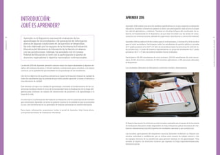 APRENDER2017
98
MANUALDELCOORDINADORDECABECERA
APRENDER 2016
Aprender 2016 realizó una serie de cambios significativos en lo que respecta a evaluación
educativa: docentes y directivos pasaron a tener una participación más activa al ocupar
los roles de aplicadores y veedores. También se introdujo la figura del coordinador de ca-
becera, rol fundamental en el dispositivo, ya que está vinculado con las tareas de comu-
nicación con diversos actores, además de supervisión, distribución y control del material.
Aprender 2016 se realizó el 18 de octubre para el nivel primario, y los días 18 y 19 de octubre
para el nivel secundario. Participaron todos los estudiantes de gestión pública y privada
de 6° grado primaria y los de 5° o 6° año de secundaria (según la estructura de nivel de ca-
da jurisdicción). A modo de muestra representativa, un grupo de estudiantes de 3° grado
primaria y de 2° o 3° año secundaria también fueron evaluados.
Participaron 531.450 estudiantes de nivel primario, 319.633 estudiantes de nivel secun-
dario, 31.335 directivos veedores, 67.195 docentes aplicadores, y 651 personas abocadas
al dispositivo.
Los resultados obtenidos se difundieron a distintos niveles y destinatarios.
El Reporte Nacional y los informes jurisdiccionales realizados por el equipo de la Secretaría
de Evaluación Educativa están disponibles en http://educacion.gob.ar/secretaria-de-eva-
luacion-educativa/seccion/401/reportes-de-resultados-nacional-y-por-jurisdiccion.
Las escuelas participantes del dispositivo nacional Aprender recibieron un Reporte por
escuela, individual y confidencial, que se utiliza como insumo de trabajo interno y con
los equipos técnicos de su jurisdicción para generar mejoras en los aprendizajes. Para
acceder al reporte, los directivos tuvieron que ingresar en https://aprenderenlaescuela.
educacion.gob.ar
INTRODUCCIÓN:
¿QUÉ ES APRENDER?
Aprender es el dispositivo nacional de evaluación de los
aprendizajes de los estudiantes y de generación de información
acerca de algunas condiciones en las que ellos se desarrollan.
Ha sido elaborado por los equipos de la Secretaría de Evaluación
Educativa del Ministerio de Educación de la Nación en alianza
con las jurisdicciones. Además, fue acordado con el Consejo
Federal de Educación y contó con la participación y aportes de
docentes, especialistas y expertos nacionales e internacionales.
La edición 2016 de Aprender permitió conocer mejor los logros alcanzados y algunos de-
safíos del sistema educativo, y brindó también orientaciones para contribuir a la mejora
continua y a la igualdad de oportunidades en el aprendizaje de los estudiantes.
Uno de los objetivos de la política educativa es lograr la formación integral de calidad de
todos los estudiantes bajo la premisa de que todos pueden aprender y tienen el derecho a
una educación de calidad.
Este derecho se logra con calidad de aprendizaje, orientado al fortalecimiento de las tra-
yectorias escolares desde el inicio de la escolaridad hasta la finalización de la etapa obli-
gatoria para continuar un camino de construcción de proyectos y de aprendizajes a lo
largo de la vida.
En este marco, la información derivada de la evaluación y de los cuestionarios de contexto
que constituyen Aprender, se torna un potente insumo en la medida en que se promueva
su uso y se convierta así en un generador de mejoras necesarias en nuestra educación.
Para mayor información, proponemos visitar el portal de Aprender: http://www.educa-
cion.gob.ar/secretaria-de-evaluacion-educativa/
 