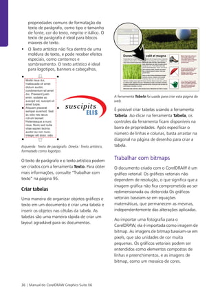 36 | Manual do CorelDRAW Graphics Suite X6
propriedades comuns de formatação do
texto de parágrafo, como tipo e tamanho
de fonte, cor do texto, negrito e itálico. O
texto de parágrafo é ideal para blocos
maiores de texto.
• O Texto artístico não fica dentro de uma
moldura de texto, e pode receber efeitos
especiais, como contornos e
sombreamento. O texto artístico é ideal
para logotipos, banners e cabeçalhos.
Esquerda: Texto de parágrafo. Direita: Texto artístico,
formatado como logotipo.
O texto de parágrafo e o texto artístico podem
ser criados com a ferramenta Texto. Para obter
mais informações, consulte “Trabalhar com
texto” na página 95.
Criar tabelas
Uma maneira de organizar objetos gráficos e
texto em um documento é criar uma tabela e
inserir os objetos nas células da tabela. As
tabelas são uma maneira rápida de criar um
layout agradável para os documentos.
A ferramenta Tabela foi usada para criar esta página da
web.
É possível criar tabelas usando a ferramenta
Tabela. Ao clicar na ferramenta Tabela, os
controles da ferramenta ficam disponíveis na
barra de propriedades. Após especificar o
número de linhas e colunas, basta arrastar na
diagonal na página de desenho para criar a
tabela.
Trabalhar com bitmaps
O documento criado com o CorelDRAW é um
gráfico vetorial. Os gráficos vetoriais não
dependem de resolução, o que significa que a
imagem gráfica não fica comprometida ao ser
redimensionada ou distorcida Os gráficos
vetoriais baseiam-se em equações
matemáticas, que permanecem as mesmas,
independentemente das alterações aplicadas.
Ao importar uma fotografia para o
CorelDRAW, ela é importada como imagem de
bitmap. As imagens de bitmap baseiam-se em
pixels, que são unidades de cor muito
pequenas. Os gráficos vetoriais podem ser
entendidos como elementos compostos de
linhas e preenchimentos, e as imagens de
bitmap, como um mosaico de cores.
 