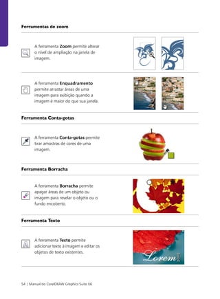 54 | Manual do CorelDRAW Graphics Suite X6
Ferramentas de zoom
A ferramenta Zoom permite alterar
o nível de ampliação na janela de
imagem.
A ferramenta Enquadramento
permite arrastar áreas de uma
imagem para exibição quando a
imagem é maior do que sua janela.
Ferramenta Conta-gotas
A ferramenta Conta-gotas permite
tirar amostras de cores de uma
imagem.
Ferramenta Borracha
A ferramenta Borracha permite
apagar áreas de um objeto ou
imagem para revelar o objeto ou o
fundo encoberto.
Ferramenta Texto
A ferramenta Texto permite
adicionar texto à imagem e editar os
objetos de texto existentes.
 