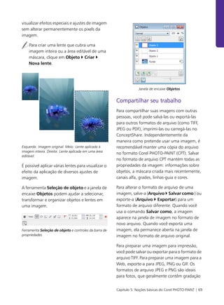 Capítulo 5: Noções básicas do Corel PHOTO-PAINT | 69
visualizar efeitos especiais e ajustes de imagem
sem alterar permanentemente os pixels da
imagem.
Para criar uma lente que cubra uma
imagem inteira ou a área editável de uma
máscara, clique em Objeto Criar
Nova lente.
Esquerda: Imagem original. Meio: Lente aplicada à
imagem inteira. Direita: Lente aplicada em uma área
editável.
É possível aplicar várias lentes para visualizar o
efeito da aplicação de diversos ajustes de
imagem.
A ferramenta Seleção de objeto e a janela de
encaixe Objetos podem ajudar a selecionar,
transformar e organizar objetos e lentes em
uma imagem.
Ferramenta Seleção de objeto e controles da barra de
propriedades
Janela de encaixe Objetos
Compartilhar seu trabalho
Para compartilhar suas imagens com outras
pessoas, você pode salvá-las ou exportá-las
para outros formatos de arquivo (como TIFF,
JPEG ou PDF), imprimi-las ou carregá-las no
ConceptShare. Independentemente da
maneira como pretende usar uma imagem, é
recomendável manter uma cópia do arquivo
no formato Corel PHOTO-PAINT (CPT). Salvar
no formato de arquivo CPT mantém todas as
propriedades da imagem: informações sobre
objetos, a máscara criada mais recentemente,
canais alfa, grades, linhas-guia e cores.
Para alterar o formato de arquivo de uma
imagem, salve-a (Arquivo Salvar como ) ou
exporte-a (Arquivo Exportar) para um
formato de arquivo diferente. Quando você
usa o comando Salvar como, a imagem
aparece na janela de imagem no formato de
novo arquivo. Quando você exporta uma
imagem, ela permanece aberta na janela de
imagem no formato de arquivo original.
Para preparar uma imagem para impressão,
você pode salvar ou exportar para o formato de
arquivo TIFF. Para preparar uma imagem para a
Web, exporte-a para JPEG, PNG ou GIF. Os
formatos de arquivo JPEG e PNG são ideais
para fotos, que geralmente contêm gradação
 