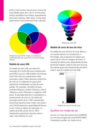 78 | Manual do CorelDRAW Graphics Suite X6
preta é mais neutra e escura que a mistura de
quantidades iguais de C, M e Y. A tinta preta
produz resultados mais nítidos, especialmente
para texto impresso. Além disso, a tinta preta
geralmente é mais barata que tintas coloridas.
Modelo de cores CMYK. Preto é o resultado da
combinação das três cores CMY em sua intensidade
máxima.
Modelo de cores HSB
O modelo de cores HSB usa matiz (H),
saturação (S) e brilho (B) como componentes
para definir as cores. HSB também é conhecido
como HSV (com os componentes matiz,
saturação e valor). Matiz descreve o pigmento
de uma cor e é expresso em graus para
representar a localização na roda de cores
padrão. Por exemplo, vermelho é 0 grau,
amarelo é 60 graus, verde é 120 graus, ciano é
180 graus, azul é 240 graus e magenta é 300
graus. A saturação descreve a vivacidade ou o
esmaecimento de uma cor. Os valores de
saturação variam de 0 a 100 e representam
percentuais (quanto maior o valor, mas vívida a
cor). O brilho descreve a quantidade de branco
na cor. Como os valores de saturação, os
valores de brilho variam de 0 a 100 e
representam percentuais (quanto maior o
valor, mais brilhante é a cor).
Modelo de cores HSB
Modelo de cores de tons de cinza
O modelo de cores de tons de cinza define a
cor usando apenas um componente, a
iluminação, que é expresso em valores que
variam de 0 a 255 em imagens de 8 bits. O
intervalo de valores varia, dependendo da taxa
de bits da imagem. Cada cor dos tons de cinza
tem valores iguais dos componentes vermelho,
verde e azul do modelo de cores RGB.
Modelo de cores de tons de cinza
Escolher um modo de cor
Ao criar um novo documento do CorelDRAW
ou uma nova imagem do Corel PHOTO-PAINT,
é necessário escolher um modo de cor,
 
