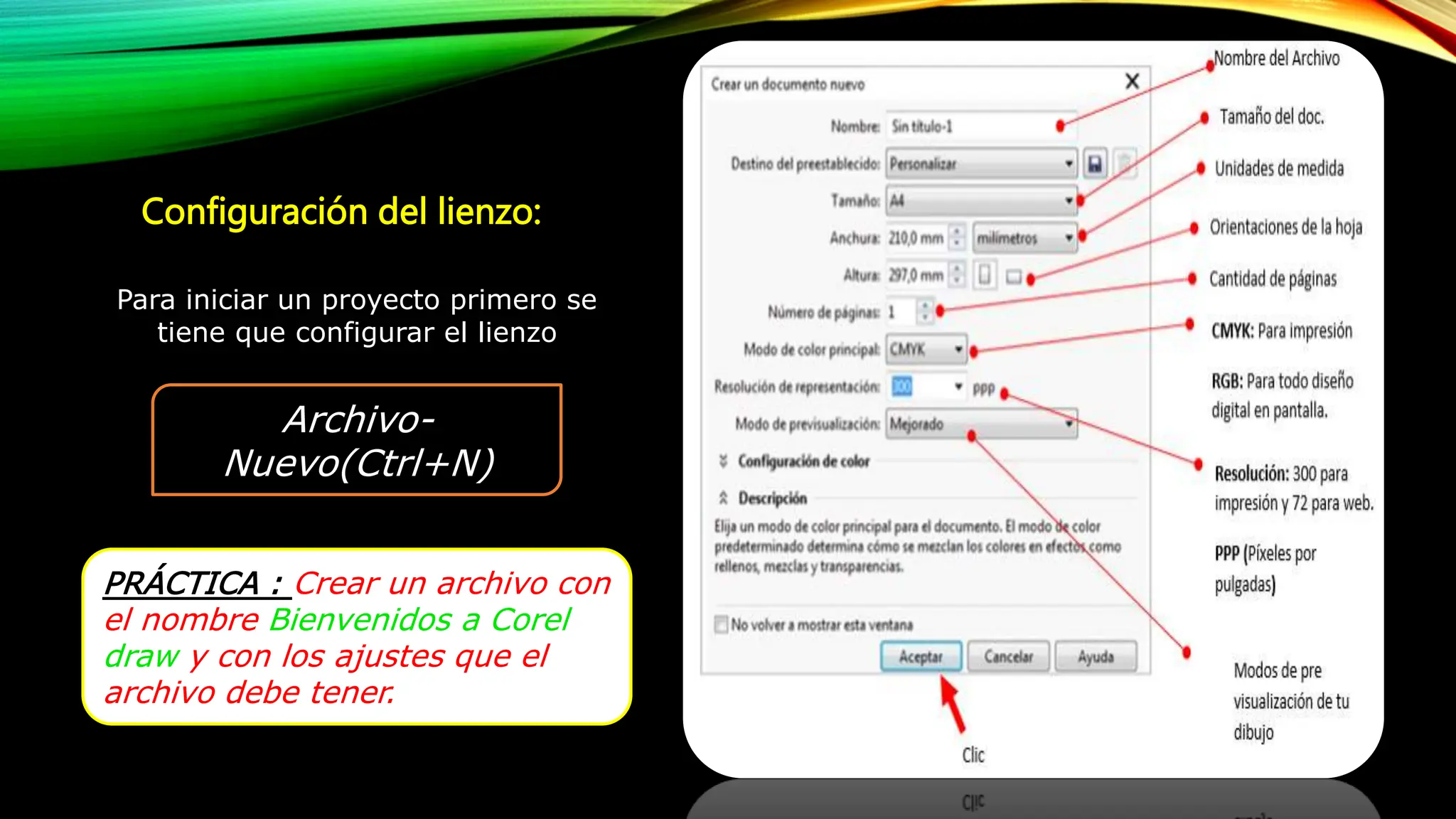 Configuración del lienzo:
Archivo-
Nuevo(Ctrl+N)
Para iniciar un proyecto primero se
tiene que configurar el lienzo
PRÁCTICA : Crear un archivo con
el nombre Bienvenidos a Corel
draw y con los ajustes que el
archivo debe tener.
 