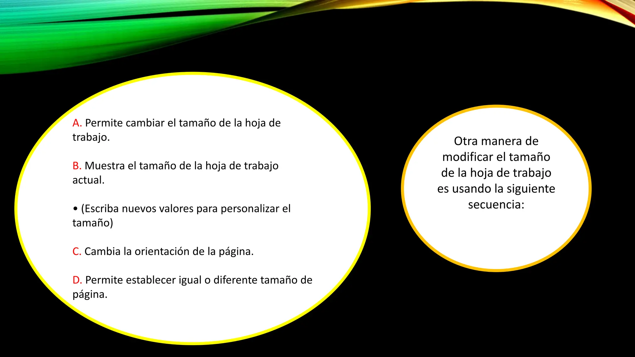 A. Permite cambiar el tamaño de la hoja de
trabajo.
B. Muestra el tamaño de la hoja de trabajo
actual.
• (Escriba nuevos valores para personalizar el
tamaño)
C. Cambia la orientación de la página.
D. Permite establecer igual o diferente tamaño de
página.
Otra manera de
modificar el tamaño
de la hoja de trabajo
es usando la siguiente
secuencia:
 