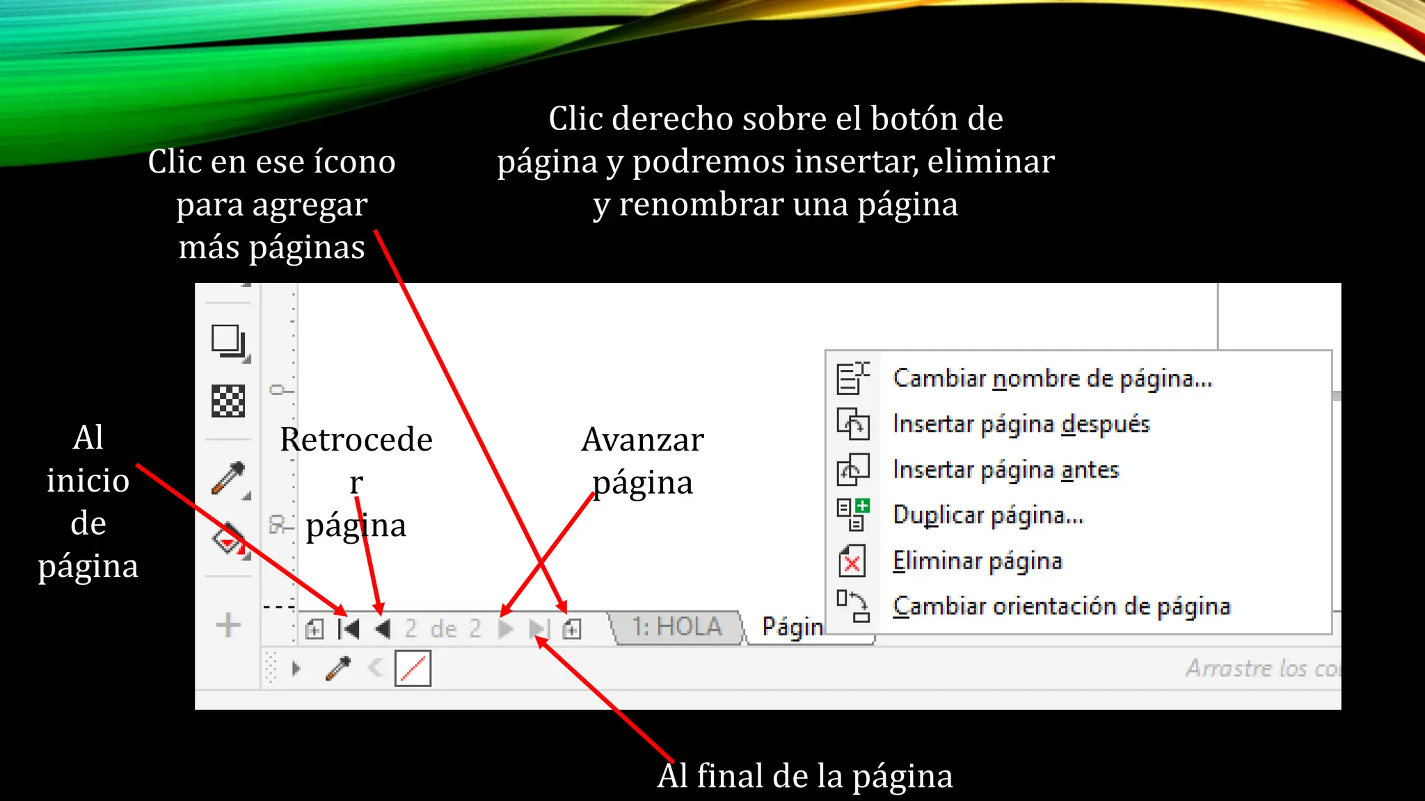 Clic derecho sobre el botón de
página y podremos insertar, eliminar
y renombrar una página
Clic en ese ícono
para agregar
más páginas
Retrocede
r
página
Avanzar
página
Al
inicio
de
página
Al final de la página
 