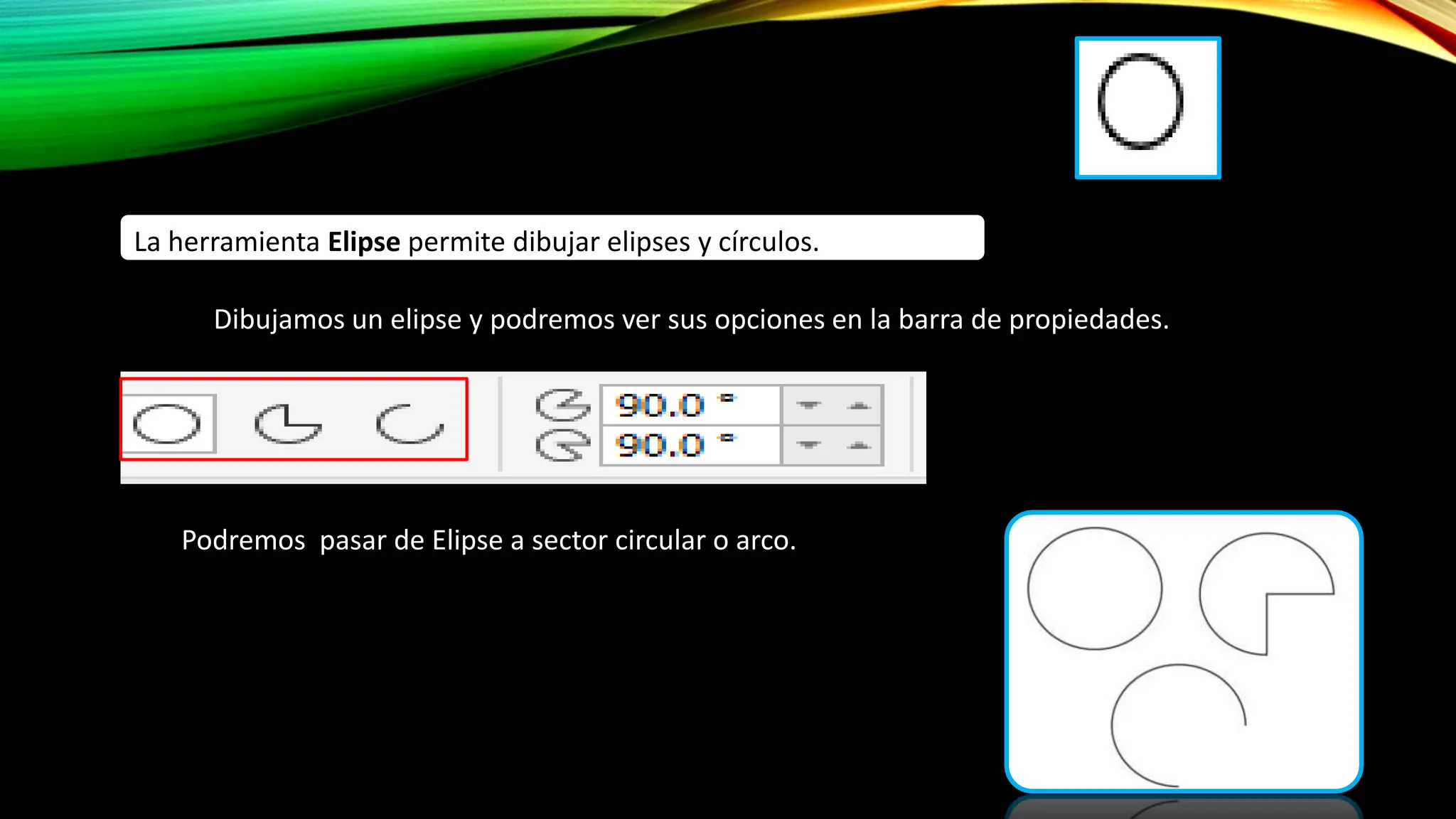 La herramienta Elipse permite dibujar elipses y círculos.
Dibujamos un elipse y podremos ver sus opciones en la barra de propiedades.
Podremos pasar de Elipse a sector circular o arco.
 