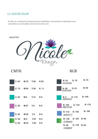 IMAGOTIPO
CMYK RGB
C: 73 M:66 Y:58 K: 11
C: 84 M:72 Y:62 K:25
C: 82 M:0 Y:41 K:0
C: 28 M:67 Y:0 K:0
C: 65 M:38 Y:0 K:0
C: 59 M:0 Y:87 K:0
C: 83 M:23 Y:95 K:0
R: 90 G: 91
#00A9A5
R: 54 G: 70
#5A5A5E
R: 190 G: 122
#33454A
R: 0 G: 170
#BD7AAF
R: 110 G: 195
#6E91C7
R: 126 G: 184
#7EB850
R: 46 G: 140
#2E8B3F
B: 95
B: 75
B: 175
B: 166
B: 199
B: 63
B: 80
El color es un elemento fundamental para identiﬁcar y personalizar la identidad visual
corporativa. Los principales colores de la marca son:
2.2 GUÍA DE COLOR
 