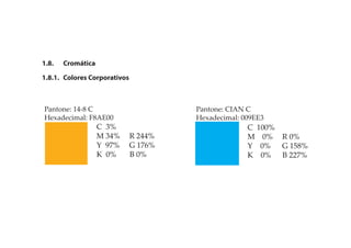 1.8. Cromática
1.8.1. Colores Corporativos
C 3%
M 34% R 244%
Y 97% G 176%
K 0% B 0%
C 100%
M 0% R 0%
Y 0% G 158%
K 0% B 227%
Pantone: 14-8 C
Hexadecimal: F8AE00
Pantone: CIAN C
Hexadecimal: 009EE3
 
