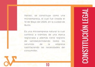 Variasi, se constituye como una
microempresa, el cual fue creada el
14 de Mayo del 2020, en la cuidad de
Quito.
Es una microempresa natural la cual
conlleva a trámites de una marca
registrada y además tiene registro
de sanidad,brindando todos los
servicios de la empresa
sastifaciendo las necesidades del
consumidor.
CONSTITUCIÓNLEGAL
10
 