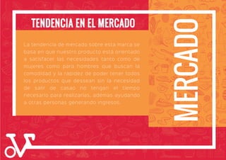 MERCADO
La tendencia de mercado sobre esta marca se
basa en que nuestro producto está orientado
a satisfacer las necesidades tanto como de
mujeres como para hombres que buscan la
comodidad y la rapidez de poder tener todos
los productos que dessean sin la necesidad
de salir de casao no tengan el tiempo
necesario para realizarlas, adémas ayudando
a otras personas generando ingresos.
TENDENCIA EN EL MERCADO
15
 