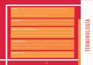 TERMINOLOGÍA
LOGO: Un logotipo es un signo gráfico que identifica a una
empresa,un producto comercial, un proyecto, o en general,
a cualquier entidad pública o privada.
SÍMBOLO: Es el signo que establece una relación de identidad
con una realidad, generalmente abstracta, a la que representa.
MANUAL CORPORATIVO: La marca desea transmitir energía,
calidad y amabilidad con el cliente, con el fin de permanecer en
la mente del consumidor, generando su fidelidad hacia la marca.
TIPOGRAFÍA: Arte o técnica de reproducir la comunicación
mediante la palabra impresa, transmitir con cierta habilidad,
elegancia y pureza en las palabras.
CROMÁTICA: Este es un círculo que se distribuye a lo largo de
toda la serie de colores , que dan lugar al segmento de la luz.
17
 