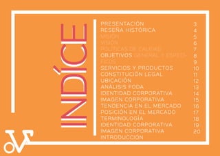 PRESENTACIÓN
RESEÑA HISTÓRICA
MISIÓN
VISIÓN
POLÍTICAS DE CALIDAD
OBJETIVOS GENERAL Y ESPECÍ-
FICOS
SERVICIOS Y PRODUCTOS
CONSTITUCIÓN LEGAL
UBICACIÓN
ANÁLISIS FODA
IDENTIDAD CORPORATIVA
IMAGEN CORPORATIVA
TENDENCIA EN EL MERCADO
POSICIÓN EN EL MERCADO
TERMINOLOGÍA
IDENTIDAD CORPORATIVA
IMAGEN CORPORATIVA
INTRODUCCIÓN
INDÍCEINDÍCE
3
4
5
6
7
8
9
10
11
12
13
14
15
16
17
18
19
20
 