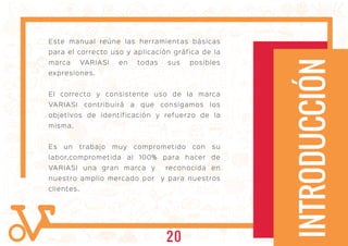 Este manual reúne las herramientas básicas
para el correcto uso y aplicación gráfica de la
marca VARIASI en todas sus posibles
expresiones.
El correcto y consistente uso de la marca
VARIASI contribuirá a que consigamos los
objetivos de identificación y refuerzo de la
misma.
Es un trabajo muy comprometido con su
labor,comprometida al 100% para hacer de
VARIASI una gran marca y reconocida en
nuestro amplio mercado por y para nuestros
clientes.
INTRODUCCIÓN
20
 
