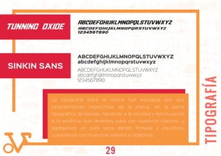 TIPOGRAFÍA
ABCDEFGHIJKLMNOPQLSTUVWXYZ
abcdefghijklmnopqrstuvwxyz
1234567890
ABCDEFGHIJKLMNOPQLSTUVWXYZ
abcdefghijklmnopqrstuvwxyz
ABCDEFGHIJKLMNOPQLSTUVWXYZ
abcdefghijklmnopqrstuvwxyz
1234567890
La tipografía para la marca fue escogida por sus
características específicas de la marca, en la parte
tipográfica de Variasi, haciendo a la virilidad y estimulación
a la estética que tenemos para con nuestros clientes, y
agregamos un palo seco dando firmeza y equilibrio,
cumpliendo con nuestros valores y objetivos.
TUNNING OXIDE
SINKIN SANS
29
 