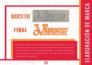 ELABORACIÓNDEMARCA
La parte icónica de nuestra marca, esta formada por icono
de la bicicleta ya que mediante este transporte ofrecemos
nuestro servicio, y pertenece también a la parte tipografíca
que representa la rapidez junto con sus líneas para darle
equilibrio a la palabra.
ARIASIARIASI
BOCETOBOCETO
FINALFINAL
30
 