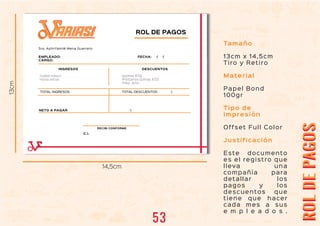 ROLDEPAGOSROLDEPAGOS
ROL DE PAGOS
TOTAL INGRESOS
Sra. AylinYamilé Mena Guerrero
TOTAL DESCUENTOS
NETO A PAGAR
INGRESOS
FECHA: / /
DESCUENTOS
RECIBI CONFORME
C.I.
14,5cm
$
$
Sueldo básico
Horas extras
EMPLEADO:
CARGO:
Aportes IESS
Préstamos Quirogr. IESS
Prést. Antic,
Tamaño
13cm x 14,5cm
Tiro y Retiro
Material
Papel Bond
100gr
Tipo de
impresión
Offset Full Color
Justificación
Este documento
es el registro que
lleva una
compañía para
detallar los
pagos y los
descuentos que
tiene que hacer
cada mes a sus
e m p l e a d o s .
13cm
ARIASIARIASI
53
 