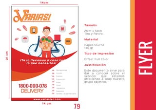 FLYER
Tamaño
21cm x 14cm
Tiro y Retiro
Material
Papel couché
130 gr
Tipo de impresión
Offset Full Color
Justificación
Este documento sirve para
dar a conocer sobre el
servicio que estamos
ofreciendo a todo nuestro
grupo objetivo.
ARIASIARIASI
www.variasiec.com
Restaurantes
Licores
Express
Prevención
Moda
Vinos
Juguetería
Papelería
Tiendas y Supermercados
¡Te lo llevamos a casa todo
lo que necesites!
1800-000-078
DELIVERY
14cm
21cm
79
14 cm
 