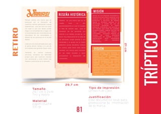 29,7 cm
21cm
TRÍPTICO
ARIASIARIASI
MISIÓN
Variasi es una empresa innovadora y
dinámica la cual ofrece conectar a los
usuarios con una gran variedad de
productos y ser vicios de mánera
rápida y eficiente gracias a la
técnología, a través del uso de
bicicletas ayudando al medio
ambiente, ofreciendo una solución a
los clientes que viven en ciudades
congestionadas, lugares dificiles de
llegar, valorando su tiempo y
comodidad, buscando mejorar su
calidad de vidas, altamente
competitivos en calidad y precio,
manteniendo altos estándares
generando una verdadera
satisfacción.
VARIASI trabaja para alcanzar lo
máximo en calidad y crecimiento,
siempre en la búsqueda y
experimentación de nuevas
experiencias eficaces y mejorando el
nivel de acceptación del cliente,
llegando a poscionarse en el
mercado, con una organización
eficaz, abriendo nuevos campos
geograficamente amplios llegando en
unos años a darse a conocer a nivel
Nacional como Internacional ,
llegando a ser siendo los primeros en
nuestro campo.
VISIÓN
Variasi, somos una marca que se
preocupa por el bienestar de
nuestros clientes generando nuevas
experiencias , que tan solo con unos
clic todo lo que uno desea puede
llegar a la comodidad de tu hogar, sin
la necesidad de salir, entendiendo las
naturaleza de las necesidades y
deseos de las personas en el mundo
digital.
Cada ser vicio está pensado para que
la gente ahorre tiempo y lo use en
actividades que generan mayor valor.
Teniendo en cuenta nuestros
ser vicios, contamos con identidad
propia para que nuestros clientes
nos reconozcan y ellos mismo nos
lleguen a posicionar en el mercado.
RESEÑA HISTÓRICA
VARIASI es una marca que se ha
creado hace un año
aproximadamente el cual ha surgido
la idea de realizar algo para el
bienestar de las personas con
relación a su tiempo, ya que es un
factor muy impor tante en la vidas de
las personas, surgió gracias a una
necesidad y la ayuda con el medio
ambiente donde decidimos tomarla
en cuenta, para hacer esta marca
realidad, con fuerza para funcionar
en las redes sociales y estar
activamente a disposición del
consumidor.
RETIRORETIRO
Tamaño
29,7 cm x 21cm
Tiro y Retiro
Material
papel couché
100 gr
Tipo de impresión
Offset Full Color
Justificación
Este documento sirve para
promocionar la información
de la marca.
81
 