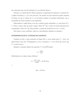 1
que representa uma reta de inclinação      2   e de coe…ciente linear c.
    Portanto, se a tabela dois for refeita tomando-se os logaritmos da massa(m) e o período (T ),
o grá…co da função y = f (x) será uma reta. No entanto um tipo especial de papel, chamado
de di-log, em que os valores de T e m da tabela 2 podem ser lançados diretamente, sem a
necessidade de serem tomados os seus logaritmos.
    Observando-se o papel di-log, vê-se que o primeiro ponto equivalente a 1, pois log de 10 =
1. Como o menor valor da massa é igual a 50,0 10                  9   kg, o início da escala horizontal deve
corresponder a 10,0 10   9   kg. Para período, o começo da escala deve ser em t = 0; 10 s.
    Para traçar a curva resultante, repete-se o procedimento utilizado no exemplo 1.


INTERPRETAÇÃO E ANÁLISE DO GRÁFICO

    Conforme já dito e como mostrado na Figura B.2, a curva obtida para T = f (m), em
papel di-log é uma reta. Prolongando-se a reta e tomando m = (1; 0                    0; 01) kg, tem-se que
T = (0; 89   0; 01) s.
                                                                  p
    Isolando a constante elástica da expressão T = 2               m=k;resulta:


                                                    4    2m
                                               k=             :
                                                        T2

Substituindo-se os valores acima, obtêm-se:


                                       4   2    1; 0
                                  k=                 = 49; 78 N/m.
                                           0; 892

e


                                               k=       2 N/m




                                                    25
 