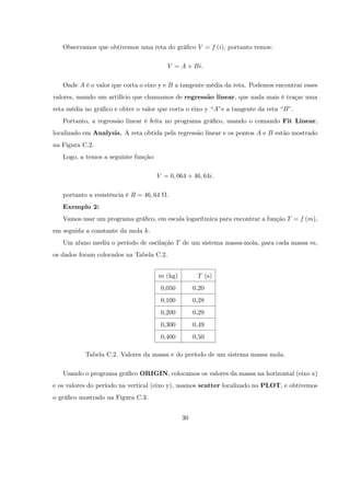 Observamos que obtivemos uma reta do grá…co V = f (i), portanto temos:

                                           V = A + Bi.

   Onde A é o valor que corta o eixo y e B a tangente média da reta. Podemos encontrar esses
valores, usando um artifício que chamamos de regressão linear, que nada mais é traçar uma
reta média no grá…co e obter o valor que corta o eixo y “A” a tangente da reta “B”
                                                           e                      .
   Portanto, a regressão linear é feita no programa grá…co, usando o comando Fit Linear,
localizado em Analysis. A reta obtida pela regressão linear e os pontos A e B estão mostrado
na Figura C.2.
   Logo, a temos a seguinte função:

                                      V = 0; 064 + 46; 64i.

   portanto a resistência é R = 46; 64    .
   Exemplo 2:
   Vamos usar um programa grá…co, em escala logarítmica para encontrar a função T = f (m),
em seguida a constante da mola k.
   Um aluno mediu o período de oscilação T de um sistema massa-mola, para cada massa m,
os dados foram colocados na Tabela C.2.


                                      m (kg)           T (s)
                                         0,050        0,20
                                         0,100        0,28
                                         0,200        0,29
                                         0,300        0,49
                                         0,400        0,50

           Tabela C.2. Valores da massa e do período de um sistema massa mola.

   Usando o programa grá…co ORIGIN, colocamos os valores da massa na horizontal (eixo x)
e os valores do período na vertical (eixo y), usamos scatter localizado no PLOT, e obtivemos
o grá…co mostrado na Figura C.3.


                                                 30
 
