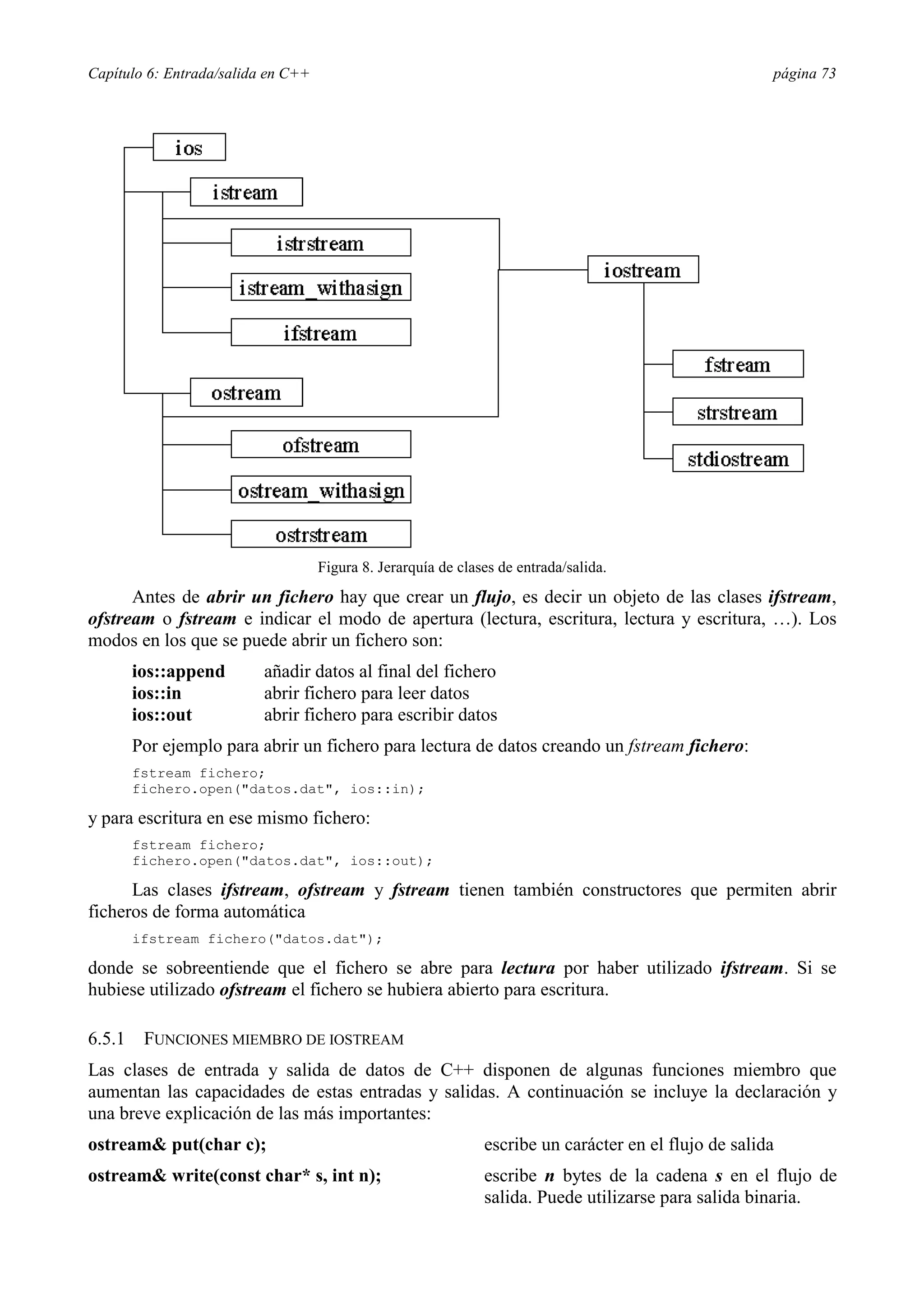 Capítulo 6: Entrada/salida en C++                                                                      página 73




                                    Figura 8. Jerarquía de clases de entrada/salida.
      Antes de abrir un fichero hay que crear un flujo, es decir un objeto de las clases ifstream,
ofstream o fstream e indicar el modo de apertura (lectura, escritura, lectura y escritura, …). Los
modos en los que se puede abrir un fichero son:
        ios::append       añadir datos al final del fichero
        ios::in           abrir fichero para leer datos
        ios::out          abrir fichero para escribir datos
        Por ejemplo para abrir un fichero para lectura de datos creando un fstream fichero:
        fstream fichero;
        fichero.open("datos.dat", ios::in);

y para escritura en ese mismo fichero:
        fstream fichero;
        fichero.open("datos.dat", ios::out);

      Las clases ifstream, ofstream y fstream tienen también constructores que permiten abrir
ficheros de forma automática
        ifstream fichero("datos.dat");

donde se sobreentiende que el fichero se abre para lectura por haber utilizado ifstream. Si se
hubiese utilizado ofstream el fichero se hubiera abierto para escritura.

6.5.1    FUNCIONES MIEMBRO DE IOSTREAM
Las clases de entrada y salida de datos de C++ disponen de algunas funciones miembro que
aumentan las capacidades de estas entradas y salidas. A continuación se incluye la declaración y
una breve explicación de las más importantes:
ostream& put(char c);                                          escribe un carácter en el flujo de salida
ostream& write(const char* s, int n);                          escribe n bytes de la cadena s en el flujo de
                                                               salida. Puede utilizarse para salida binaria.
 