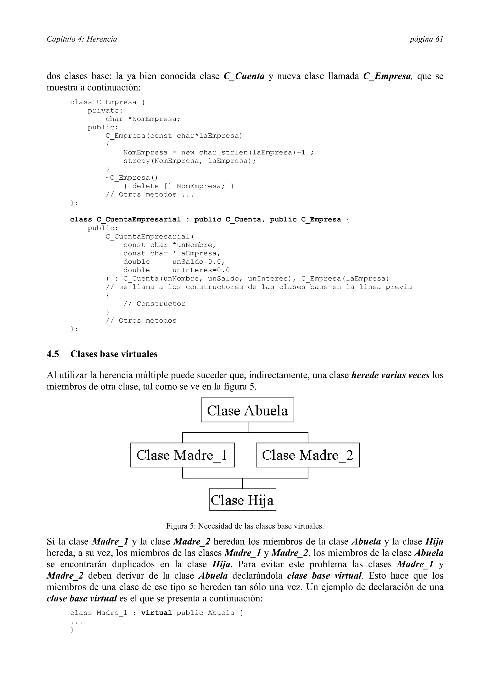 Capítulo 4: Herencia página 61
dos clases base: la ya bien conocida clase C_Cuenta y nueva clase llamada C_Empresa, que se
muestra a continuación:
class C_Empresa {
private:
char *NomEmpresa;
public:
C_Empresa(const char*laEmpresa)
{
NomEmpresa = new char[strlen(laEmpresa)+1];
strcpy(NomEmpresa, laEmpresa);
}
~C_Empresa()
{ delete [] NomEmpresa; }
// Otros métodos ...
};
class C_CuentaEmpresarial : public C_Cuenta, public C_Empresa {
public:
C_CuentaEmpresarial(
const char *unNombre,
const char *laEmpresa,
double unSaldo=0.0,
double unInteres=0.0
) : C_Cuenta(unNombre, unSaldo, unInteres), C_Empresa(laEmpresa)
// se llama a los constructores de las clases base en la línea previa
{
// Constructor
}
// Otros métodos
};
4.5 Clases base virtuales
Al utilizar la herencia múltiple puede suceder que, indirectamente, una clase herede varias veces los
miembros de otra clase, tal como se ve en la figura 5.
Figura 5: Necesidad de las clases base virtuales.
Si la clase Madre_1 y la clase Madre_2 heredan los miembros de la clase Abuela y la clase Hija
hereda, a su vez, los miembros de las clases Madre_1 y Madre_2, los miembros de la clase Abuela
se encontrarán duplicados en la clase Hija. Para evitar este problema las clases Madre_1 y
Madre_2 deben derivar de la clase Abuela declarándola clase base virtual. Esto hace que los
miembros de una clase de ese tipo se hereden tan sólo una vez. Un ejemplo de declaración de una
clase base virtual es el que se presenta a continuación:
class Madre_1 : virtual public Abuela {
...
}
 