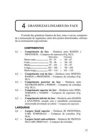 22
4 GRANDEZAS LINEARES DA FACE
O estudo das grandezas lineares da face, retas e curvas, compreen-
de a mensuração de segmentos, entre dois pontos determinados, utilizan-
do-se instrumental especializado.
COMPRIMENTOS
4,1 — Comprimento da face – Distância entre BASION e
PROSTHION – Compasso de espessura (Fig. III,2).
Masculino Feminino
Muito curta...................... 83 – 91 : 80 – 87
Curta................................ 92 – 96 : 88 – 92
Média............................... 97 – 101 : 93 – 97
Longa............................. 102 – 106 : 98 – 102
Muito longa.................... 107 – 115 : 103 – 110
4,2 — Comprimento real da face – Distância entre SPHENO-
BASION e PROSTHION – Compasso de corrediça (Fig.
III,1).
4,3 — Comprimento posterior da face – Distância entre
EKTOKONCHION e PORION – Compasso de corrediça
(Fig. III,1).
4,4 — Comprimento superior da face – Distância entre SPHE-
NOBAION e NASION – Compasso de espessura (Fig.
III,5).
4,5 — Comprimento inferior da face – Distância entre BASION
e GNATHION, tomada com a mandíbula corretamente
posicionada em relação ao crânio – Compasso de espessura.
LARGURAS
4,6 — Largura facial superior – Distância BI FRONTOMA-
LARE TEMPORALE – Compasso de corrediça (Fig.
III,4).
4,7 — Largura facial endo-orbitária – Distância BI FRONTO-
MA-LARE ORBITALE – Compasso de corrediça.
 