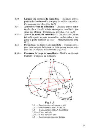 27
4,50 — Largura da incisura da mandíbula – Distância entre a
parte mais alta do côndilo e o ápice da apófise coronóide -
Compasso de corrediça (Fig. IV.5).
4,51 — Altura do corpo da mandíbula – Distância entre o rebor-
do alveolar e o bordo inferior do corpo da mandíbula, pas-
sando por Mentale - Compasso de corrediça (Fig. IV.5).
4,52 — Altura do ramo da mandíbula – Distância de Gonion
(virtual) à parte superior do côndilo, medida sobre a tan-
gente à parte posterior do osso – Mandibulômetro (Fig.
IV.5).
4,53 — Profundidade da incisura da mandíbula – Distância entre a
parte mais profunda da incisura e a linha que une as usas partes
mais altas – Compasso de coordenadas (Fig. IV,5).
4,54 — Espessura do corpo da mandíbula – Medida na altura de
Mentale – Compasso de espessura.
Fig. III,1
3,1 — Comprimento máximo do crânio
3,2 — Distância GLABELLA-INION
3,3 — Distância GLABELLA-LAMBDA
3,16 — Altura auricular
3,17 — Altura auricular total
4,3 — Comprimento posterior da face
 