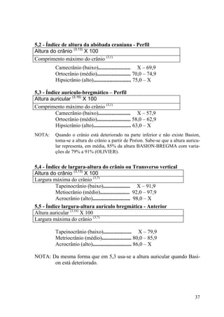 37
5,2 - Índice de altura da abóbada craniana - Perfil
Altura do crânio (3,13)
X 100
Comprimento máximo do crânio (3,1)
Camecrânio (baixo)........................ X – 69,9
Ortocrânio (médio)......................... 70,0 – 74,9
Hipsicrânio (alto)............................ 75,0 – X
5,3 - Índice aurículo-bregmático – Perfil
Altura auricular (3,16)
X 100
Comprimento máximo do crânio (3,1)
Camecrânio (baixo)........................ X – 57,9
Ortocrânio (médio)......................... 58,0 – 62,9
Hipsicrânio (alto)............................ 63,0 – X
NOTA: Quando o crânio está deteriorado na parte inferior e não existe Basion,
toma-se a altura do crânio a partir de Porion. Sabe-se que a altura auricu-
lar representa, em média, 85% da altura BASION-BREGMA com varia-
ções de 79% a 91% (OLIVIER).
5,4 - Índice de largura-altura do crânio ou Transverso vertical
Altura do crânio (3,13)
X 100
Largura máxima do crânio (3,7)
Tapeinocrânio (baixo).................... X – 91,9
Metiocrânio (médio)...................... 92,0 – 97,9
Acrocrânio (alto)............................ 98,0 – X
5,5 - Índice largura-altura aurículo bregmática - Anterior
Altura auricular (3,16)
X 100
Largura máxima do crânio (3,7)
Tapeinocrânio (baixo)..................... X – 79,9
Metriocrânio (médio)...................... 80,0 – 85,9
Acrocrânio (alto)............................. 86,0 – X
NOTA: Da mesma forma que em 5,3 usa-se a altura auricular quando Basi-
on está deteriorado.
 