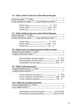 38
5,6 - Índice médio de altura do crânio (Basion-Bregma)
Altura do crânio (3,13)
X 200
Comp. Máximo do crânio (3,1)
+ Larg. Máxima do crânio (3,7)
Crânio baixo........................................ X – 79,9
Crânio médio....................................... 80,0 – 84,9
Crânio alto........................................... 85,0 – X
5,7 - Índice médio de altura do crânio (Porion-Bregma)
Altura auricular (3,16)
X 200
Comp. Máximo do crânio (3,1)
+ Larg. máxima do crânio (3,7)
Crânio baixo...................................... X – 67,9
Crânio médio..................................... 68,0 – 71,9
Crânio alto......................................... 72,0 – X
5,8 - Índice transverso fronto-parietal ou Índice Frontal
Largura frontal mínima (3,8)
X 100
Largura máxima do crânio (3,7)
Estenometópico (frontal estreito)........................ X – 65,9
Metriometópico (frontal médio).......................... 66,0 – 68,9
Eurimetópico (frontal largo)................................ 69,0 – X
5,9 - Índice fronto-transversal
Largura frontal mínima (3,8)
X 100
Largura frontal máxima (3,9)
Cristas temporais divergentes............................... X – 79,9
Cristas temporais intermediárias.......................... 80,0 – 99,9
Cristas temporais paralelas.................................. 100 – X
5,10 - Índice da curvatura do frontal
Corda sagital frontal (3,30)
X 100
Arco sagital frontal (3,26)
Camemetópico (frontal inclinado).................. mais de 90,0
Ortometópico (frontal abaulado).................. menos de 90,0
 