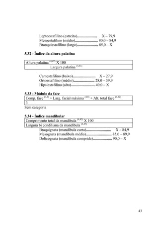 43
Leptoestafilino (estreito)..................... X – 79,9
Mesoestafilino (médio)........................ 80,0 – 84,9
Branquiestafilino (largo)...................... 85,0 – X
5,32 - Índice da altura palatina
Altura palatina (4,42)
X 100
Largura palatina (4,41)
Camestafilino (baixo)........................ X – 27,9
Ortoestafilino (médio)...................... 28,0 – 39,9
Hipsiestafilino (alto)......................... 40,0 – X
5,33 - Módulo da face
Comp. face (4,1)
+ Larg. facial máxima (4,8)
+ Alt. total face (4,12)
3
Sem categoria
5,34 - Índice mandibular
Comprimento total da mandíbula (4,43)
X 100
Largura bi condiliana da mandíbula (4,45)
Braquignata (mandíbula curta).......................... X – 84,9
Mesognata (mandíbula média)........................... 85,0 – 89,9
Dolicognata (mandíbula comprida).................... 90,0 – X
 