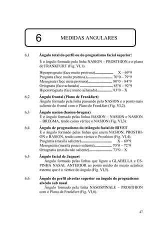 47
6 MEDIDAS ANGULARES
6,1 Ângulo total do perfil ou do prognatismo facial superior:
É o ângulo formado pela linha NASION – PROSTHION e o plano
de FRANKFURT (Fig. VI,1).
Hiperprognata (face muito protrusa)................... X – 69°9
Prognata (face muito protrusa)........................... 70°0 – 79°9
Mesognata (face meia protrusa)......................... 80°0 – 84°9
Ortognata (face achatada) .................................. 85°0 – 92°9
Hiperortognata (face muito achatada)................ 93°0 – X
6,2 Ângulo frontal (Plano de Frankfurt)
Ângulo formado pela linha passando pelo NASION e o ponto mais
saliente do frontal com o Plano de Frankfurt (Fig. VI,2).
6,3 Ângulo nasion (basion-bregma)
É o ângulo formado pelas linhas BASION – NASION e NASION
– BREGMA, tendo como vértice o NASION (Fig. VI,3).
6,4 Ângulo de progmatismo do triângulo facial de RIVET
É o ângulo formado pelas linhas que unem NASION, PROSTHI-
ON e BASION, tendo como vértice o Prosthion (Fig. VI,4).
Prognatia (maxila saliente)................................ X – 69°9
Mesognatia (maxila pouco saliente).................. 70°0 – 72°9
Ortognatia (maxila não saliente)........................ 73°0 – X
6,5 Ângulo facial de Jaquart
Ângulo formado pelas linhas que ligam a GLABELLA e ES-
PINHA NASAL ANTERIOR ao ponto médio do meato acústico
externo que é o vértice do ângulo (Fig. VI,5).
6,6 Ângulo do perfil alveolar superior ou ângulo do prognatismo
alvéolo sub nasal
Ângulo formado pela linha NASOSPINALE – PROSTHION
com o Plano de Frankfurt (Fig. VI,6).
 