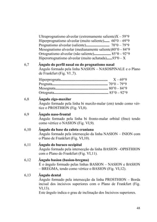 48
Ultraprognatismo alveolar (extremamente saliente)X – 59°9
Hiperprognatismo alveolar (muito saliente)...... 60°0 – 69°9
Prognatismo alveolar (saliente)......................... 70°0 – 79°9
Mesognatismo alveolar (medianamente saliente)80°0 – 84°9
Ortognatismo alveolar (não saliente).................. 85°0 – 92°9
Hiperortognatismo alveolar (muito achatada)......93º0 – X
6,7 Ângulo do perfil nasal ou do prognatismo nasal
Ângulo formado pela linha NASION – NASOSPINALE e o Plano
de Frankfurt (Fig. VI ,7).
Hiperprognata.................................................. X – 69°9
Prognata........................................................... 70°0 – 79°9
Mesognata........................................................ 80°0 – 84°9
Ortognata.......................................................... 85°0 – 92°9
6,8 Ângulo zigo-maxilar
Ângulo formado pela linha bi maxilo-malar (zm) tendo como vér-
tice o PROSTHION (Fig. VI,8).
6,9 Ângulo naso-frontal
Ângulo formado pela linha bi fronto-malar orbital (fmo) tendo
como vértice o NASION (Fig. VI,9).
6,10 Ângulo da base da calota craniana
Ângulo formado pela intersecção da linha NASION – INION com
o Plano de Frankfurt (Fig. VI,10).
6,11 Ângulo do buraco occipital
Ângulo formado pela intersecção da linha BASION –OPISTHION
com o Plano do Frankfurt (Fig. VI,11).
6,12 Ângulo basion (basion-bregma)
É o ângulo formado pelas linhas BASION – NASION e BASION
– BREGMA, tendo como vértice o BASION (Fig. VI,12).
6,13 Ângulo dental
Ângulo formado pela intersecção da linha PROSTHION – Borda
incisal dos incisivos superiores com o Plano de Frankfurt (Fig.
VI,13).
Este ângulo indica o grau de inclinação dos Incisivos superiores.
 
