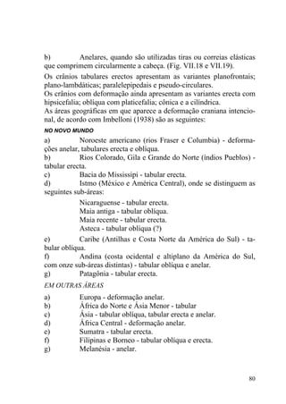 80
b) Anelares, quando são utilizadas tiras ou correias elásticas
que comprimem circularmente a cabeça. (Fig. VII.18 e VII.19).
Os crânios tabulares erectos apresentam as variantes planofrontais;
plano-lambdáticas; paralelepipedais e pseudo-circulares.
Os crânios com deformação ainda apresentam as variantes erecta com
hipsicefalia; oblíqua com platicefalia; cônica e a cilíndrica.
As áreas geográficas em que aparece a deformação craniana intencio-
nal, de acordo com Imbelloni (1938) são as seguintes:
NO NOVO MUNDO
a) Noroeste americano (rios Fraser e Columbia) - deforma-
ções anelar, tabulares erecta e oblíqua.
b) Rios Colorado, Gila e Grande do Norte (índios Pueblos) -
tabular erecta.
c) Bacia do Mississipi - tabular erecta.
d) Istmo (México e América Central), onde se distinguem as
seguintes sub-áreas:
Nicaraguense - tabular erecta.
Maia antiga - tabular oblíqua.
Maia recente - tabular erecta.
Asteca - tabular oblíqua (?)
e) Caribe (Antilhas e Costa Norte da América do Sul) - ta-
bular oblíqua.
f) Andina (costa ocidental e altiplano da América do Sul,
com onze sub-áreas distintas) - tabular oblíqua e anelar.
g) Patagônia - tabular erecta.
EM OUTRAS ÁREAS
a) Europa - deformação anelar.
b) África do Norte e Ásia Menor - tabular
c) Ásia - tabular oblíqua, tabular erecta e anelar.
d) África Central - deformação anelar.
e) Sumatra - tabular erecta.
f) Filipinas e Borneo - tabular oblíqua e erecta.
g) Melanésia - anelar.
 